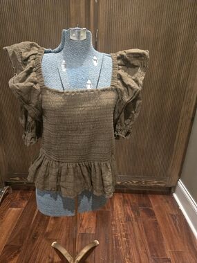 Marie Oliver Olive Smocked Peplum Blouse with Puff Sleeves